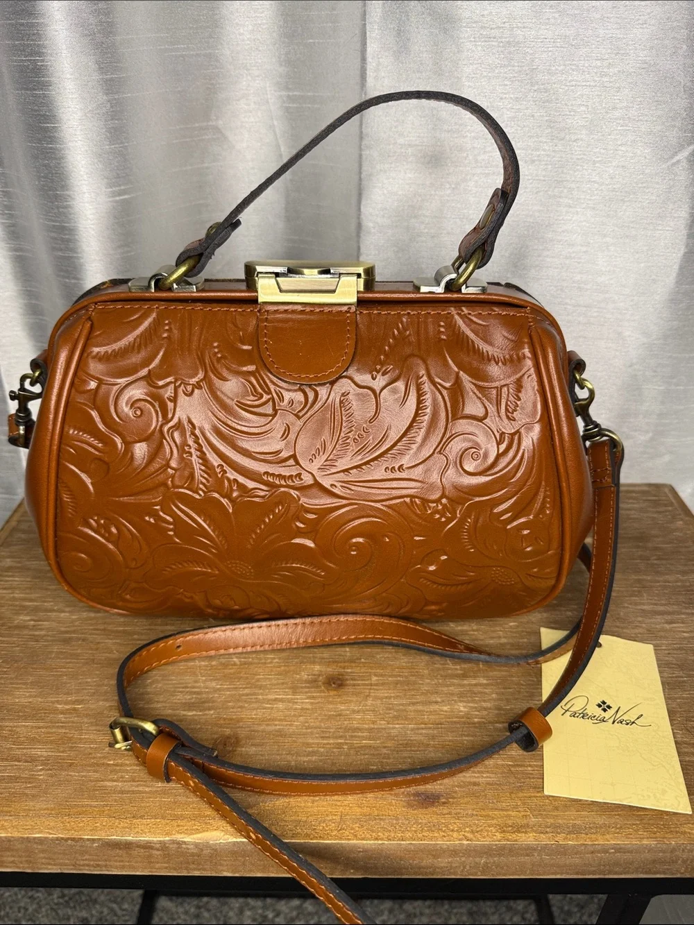Patricia Nash Tooled Gracchi Florence Frame Satchel Leather Rich Brown Authentic
